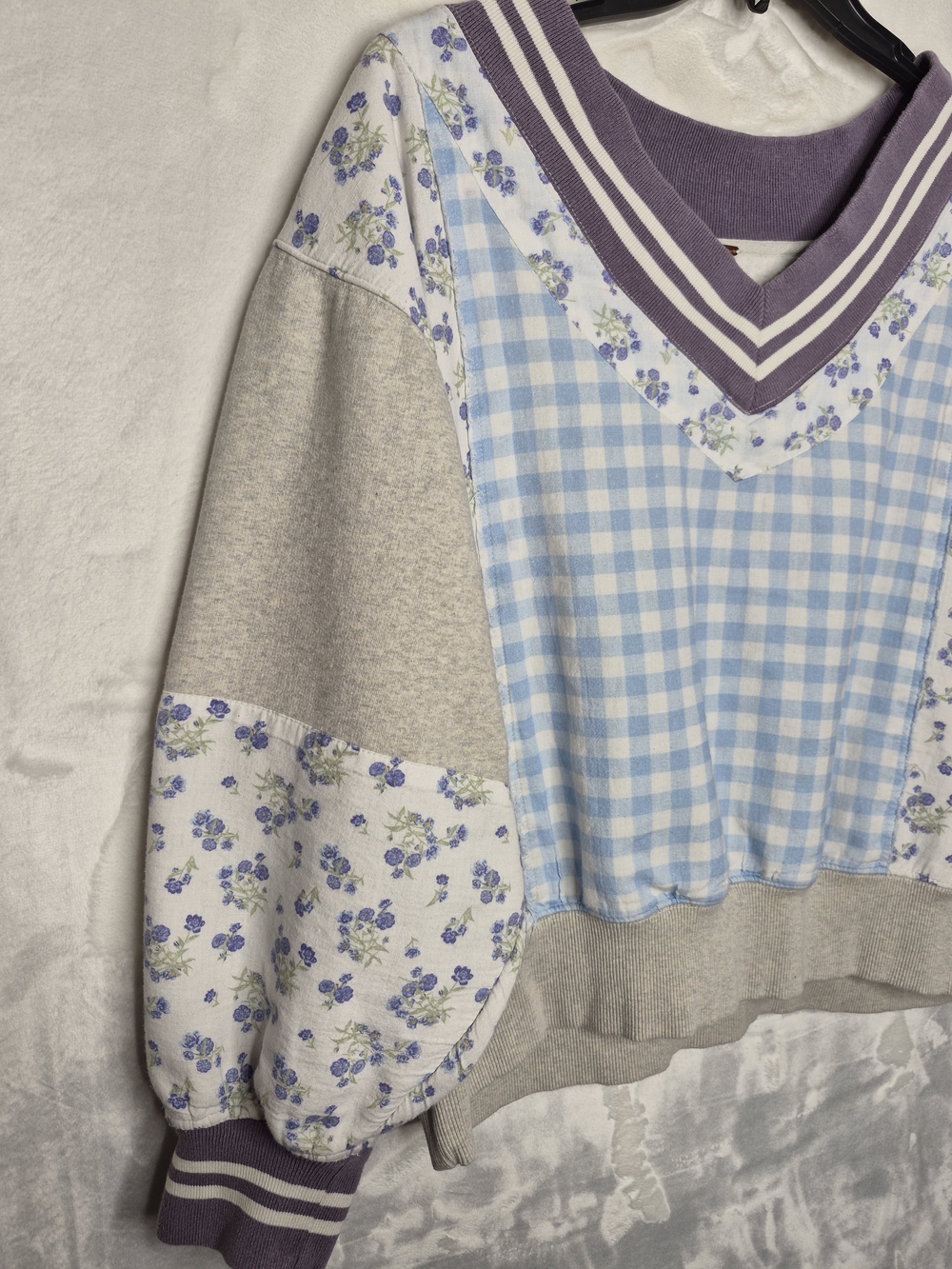 Free People Lucy Patchwork Gingham Floral Varsity V-Neck Sweatshirt Medium - Picture 5 of 15